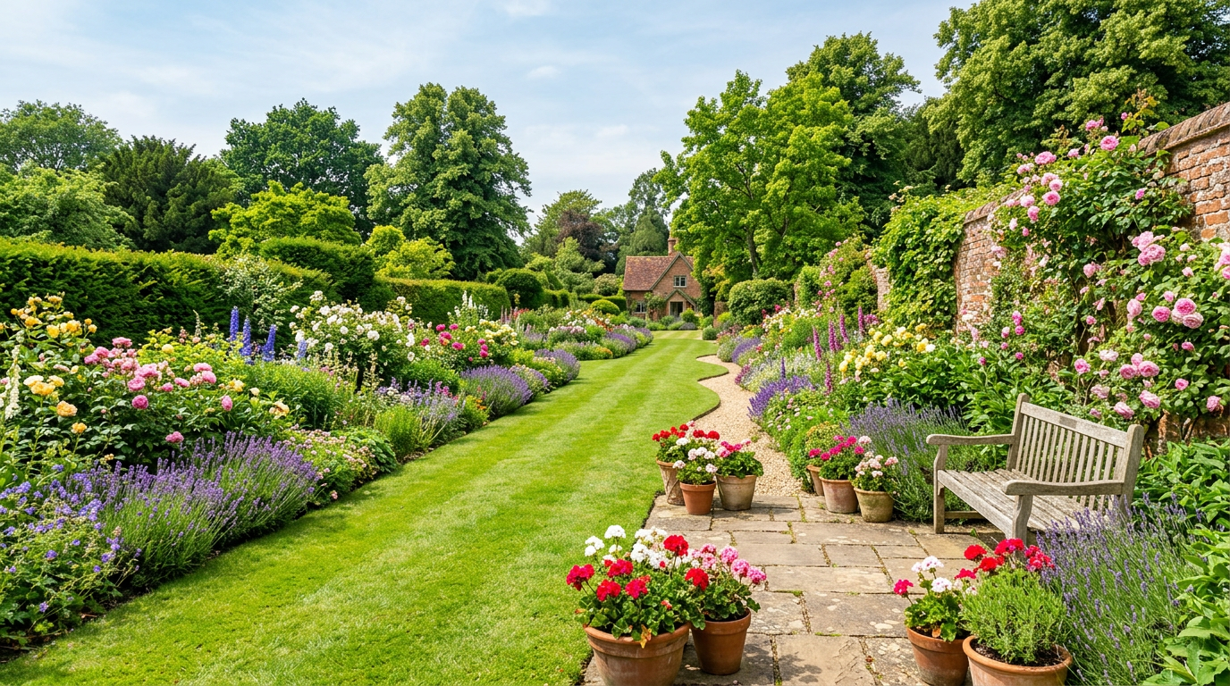 A lush, well-kept garden with manicured lawn
